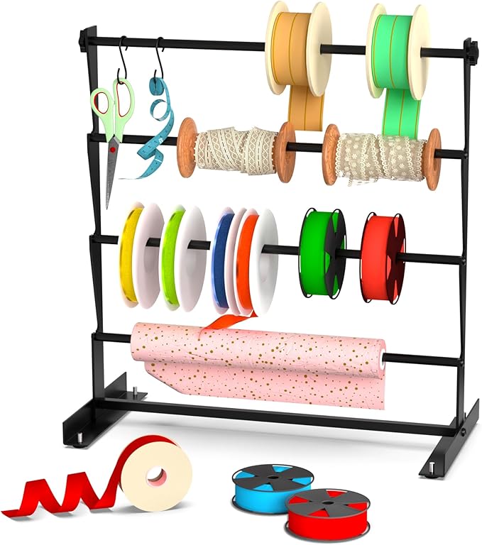 Alyoen Ribbon Organizer, Metal Ribbon Holder Storage Rack with Activity Hooks, 4 Tier Ribbon Spool Holder for Craft Room Sewing Thread Mesh Ribbon Wreath Washi Tape, Florist Arts Wrapping Gift