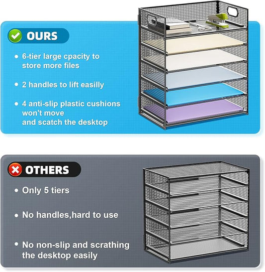 Marbrasse 6 Tier Paper Organizer Letter Tray - Mesh Desk File Organizer with Handle, Paper Sorter Organizer for Letter/A4 Office File Folder Holder - Black
