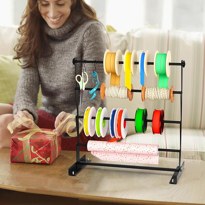 Alyoen Ribbon Organizer, Metal Ribbon Holder Storage Rack with Activity Hooks, 4 Tier Ribbon Spool Holder for Craft Room Sewing Thread Mesh Ribbon Wreath Washi Tape, Florist Arts Wrapping Gift