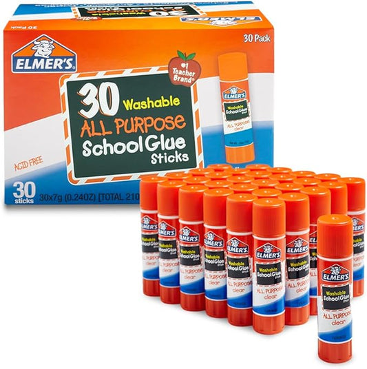 Click to see full view Elmer's All Purpose School Glue Sticks, Acid-Free and Washable, Clear, 7 Grams, 30 Count - Ideal for Craft Projects, Scrapbooking, Classroom, Home, Office, Teacher Supplies